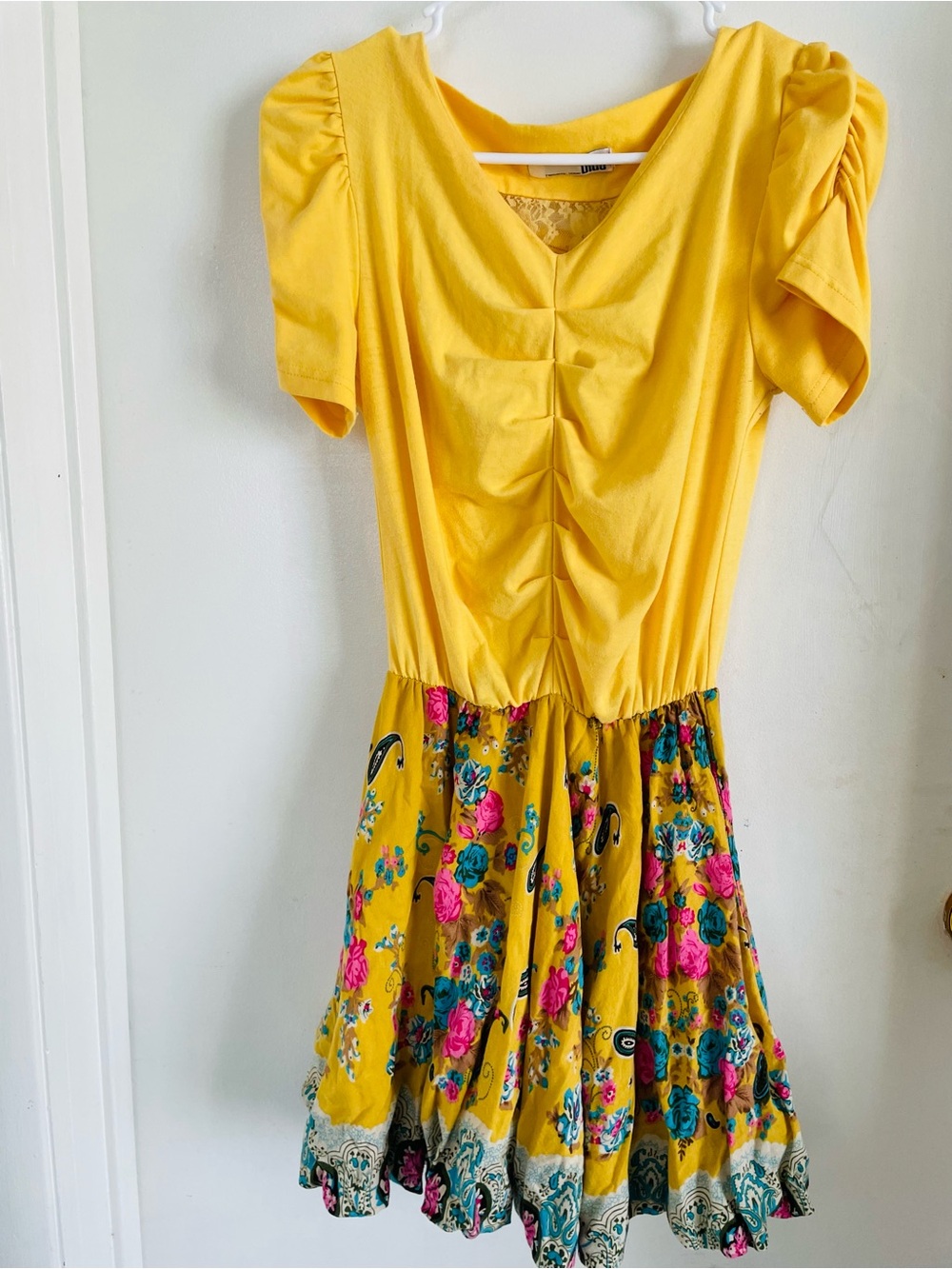 Yellow Floral-Print Mini Dress with Ruched Bodice